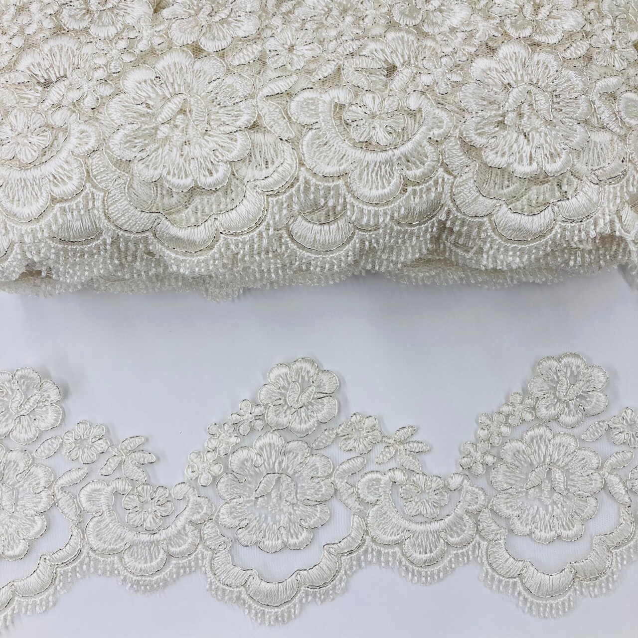 1 Yard Beautiful Corded Lace Trimming Embroidered on 100% Polyester Net Mesh 4 Inch Width